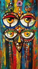 Fototapeta premium Vibrant Abstract Painting of Multifaceted Eyes and Colorful Tribal Mask