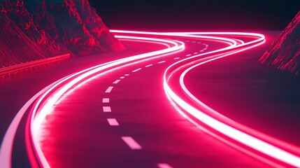 Neon Lights Illuminate Winding Mountain Road at Night
