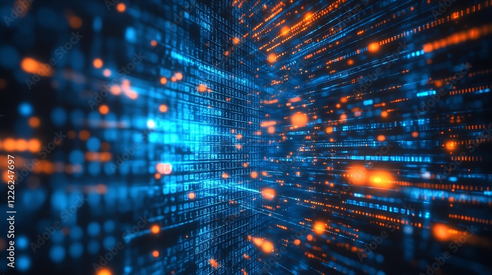 Poster bright blue and orange digital data matrix for modern tech and cyber backgrounds : generative ai