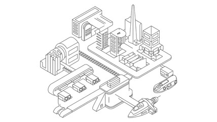 A line art isometric illustration of a futuristic city with various buildings, a train station, a sp