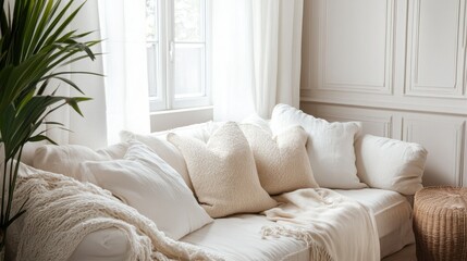 Cozy, Sunlit Living Room With A White Linen Couch, Fluffy Pillows, And A Throw Blanket.  Perfect For Relaxing.