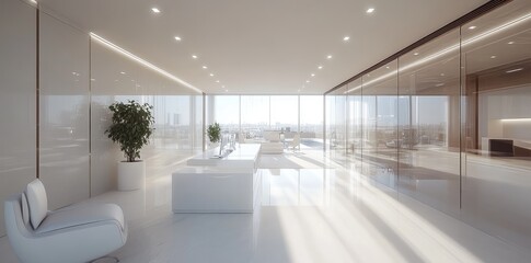 Spacious workspace: bright interior, greenery touch, blank text area, functional layout, peaceful ambiance, natural light, modern aesthetic, serene atmosphere, professional tone, inviting atmosphere.