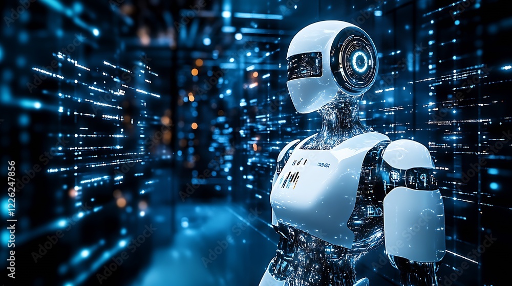 Poster innovative humanoid robot amidst a digital data flow in a futuristic cyber setting : generative ai