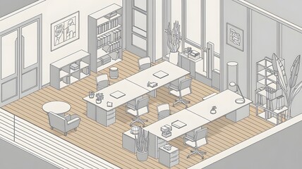 A line art isometric illustration of a modern office space.