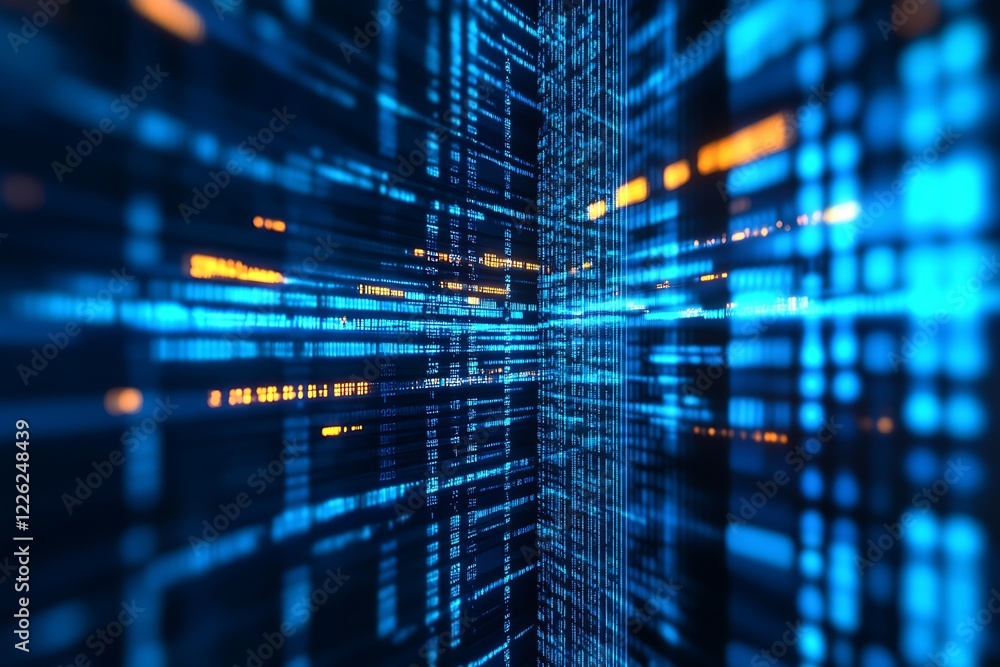 Poster Abstract Neon Blue and Orange Data Matrix in Cybernetic Environment : Generative AI