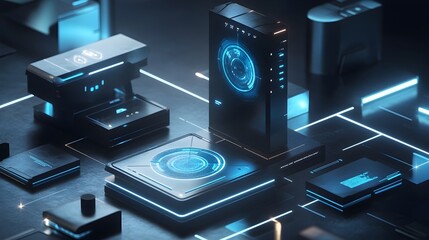 Futuristic Technology Interface Digital Devices Modern Network System Abstract Blue Neon Lights Sci Fi Gadget Cyberpunk Innovation Electronic Digital 