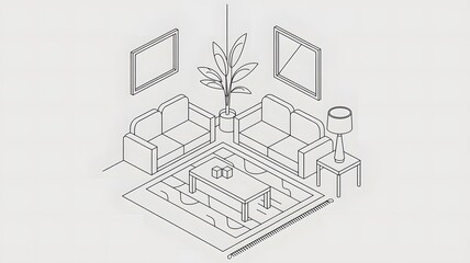 A line art isometric illustration of a room with furniture.