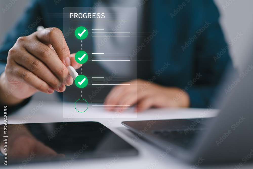 Poster Digital Checklist and Task Management Concept. Businessman Using Smartphone for Progress Tracking. in a Modern, Efficient Workflow, Ideal for Productivity and Project Success Themes.