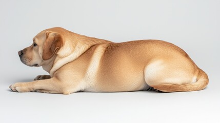 A side profile of a relaxed golden Labrador dog lying on a neutral background.