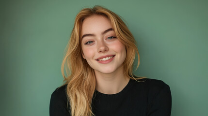 A vibrant portrait of a cheerful blonde woman in a minimalist setting, her golden hair flowing naturally, wearing a simple yet elegant dark outfit