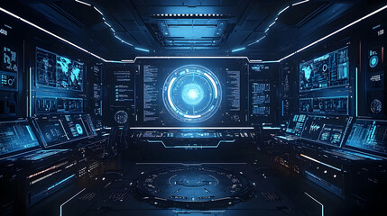Futuristic control room, monitoring global data
