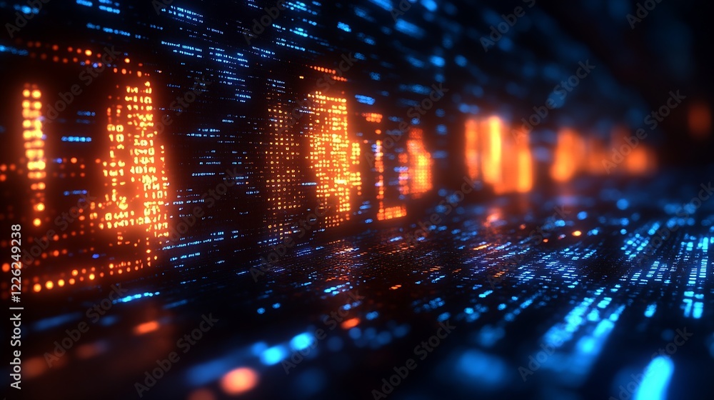 Poster abstract futuristic orange and blue digital streams on dark background : generative ai
