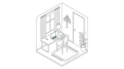 A line art isometric illustration of a room with a desk, chair, and plant.