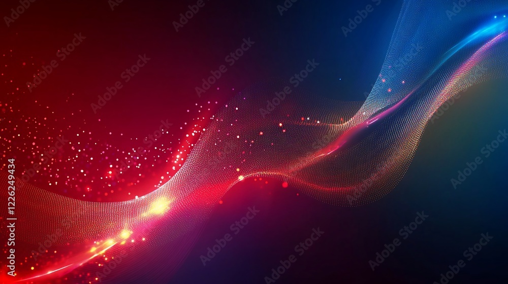 Poster abstract digital wave background with dynamic flow of red and blue particles