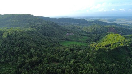 Naklejka premium Dramatic Aerial drone view of hills with lush green trees with morning mist above with a background of rows of mountains