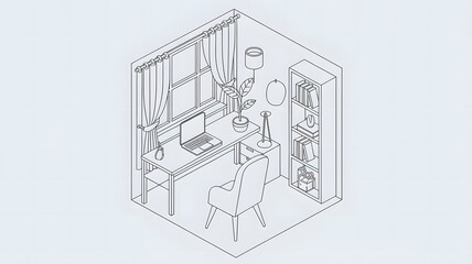 A line art isometric illustration of a room. There's a desk with a laptop and a plant.