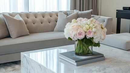 A Luxurious Living Room With A Gray Sofa, Marble Coffee Table, And A Beautiful Bouquet Of Pink And White Flowers.