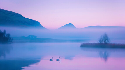 Fototapeta premium Misty Morning Serenity Flamingos Glide on a Tranquil Lake, Reflected in the Still Water