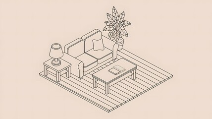 A line art isometric illustration of a living room with a sofa, coffee table, and a plant.