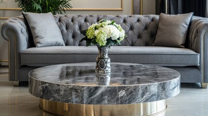 Elegant Gray Sofa With Plush Cushions, Centered Around A Round Marble Coffee Table Displaying A Beautiful Flower Arrangement.