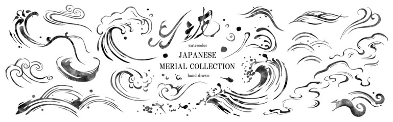 波, 夏, 筆, 筆書き, ベクター, 水墨画, 和柄, 和, 和風, フレーム, 背景, イラスト