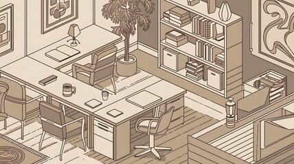 A line art isometric illustration of a modern office space.