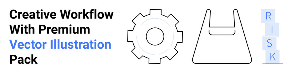 Gear icon, folder outline, and vertical stacked blocks reading RISK for productivity, planning, organization, efficiency, problem-solving, analysis, and workflow in a flat landing page banner