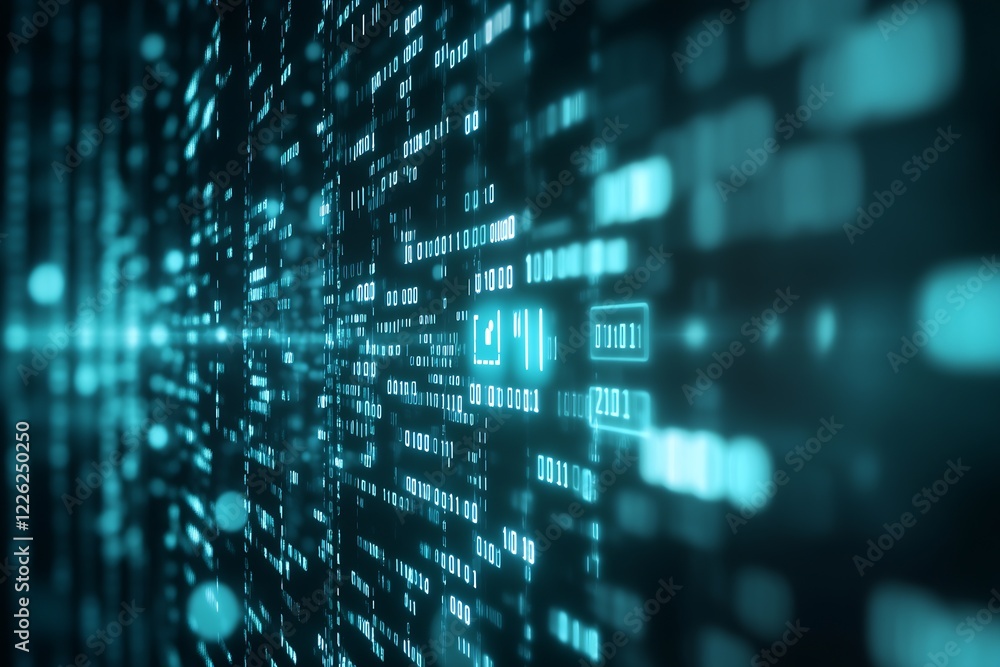 Poster Dynamic Digital Flow With Blue Binary Code and Light Lines : Generative AI