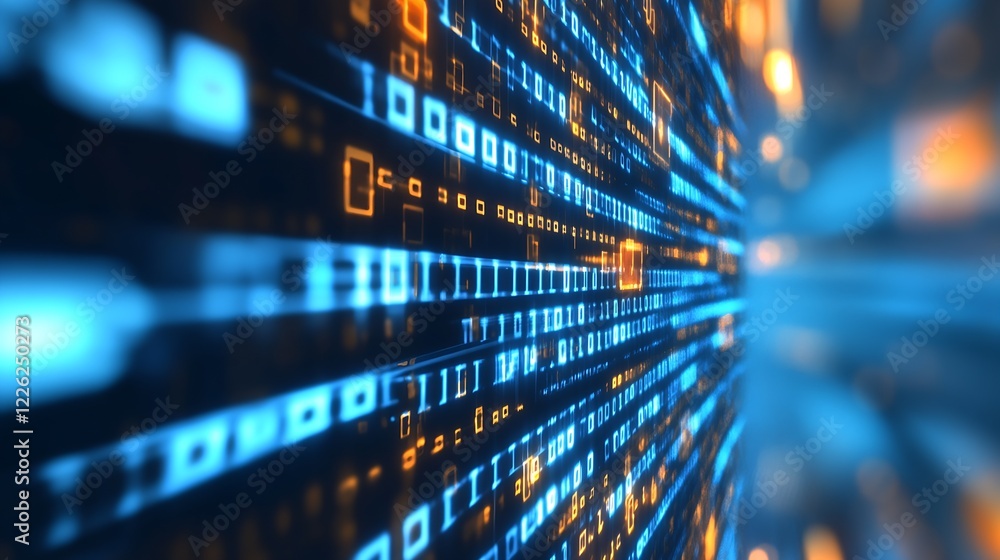 Aufkleber Futuristic Digital Binary Code with Blue and Orange Highlights : Generative AI