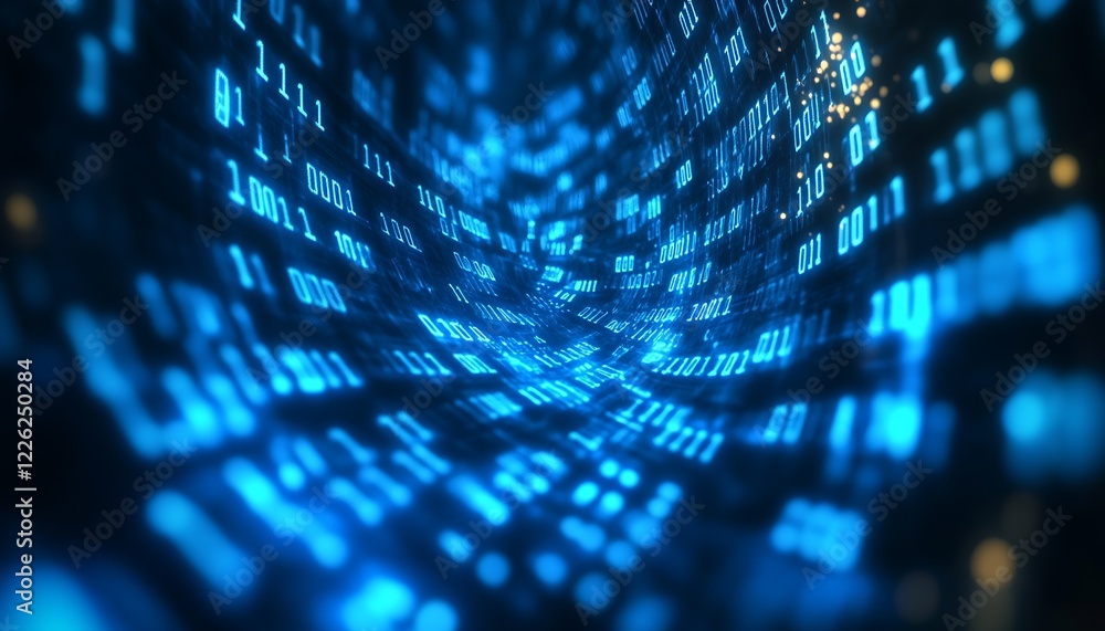 Fototapete Futuristic blue digital binary code data tunnel abstract background : Generative AI