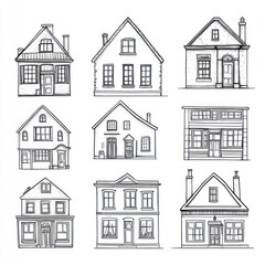 Collection Of Eight Hand Drawn House Facades
