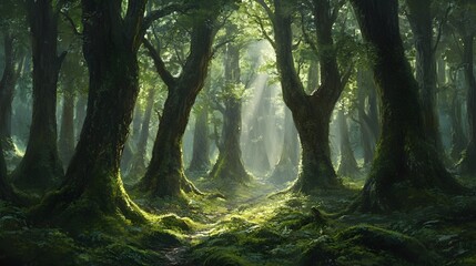 Obraz premium Enchanted Forest Path Sunlight Green Mossy Trees Nature Digital Painting Lush Greenery Magical Atmosphere Tranquil Scene Mystical Woods Deep Woods art