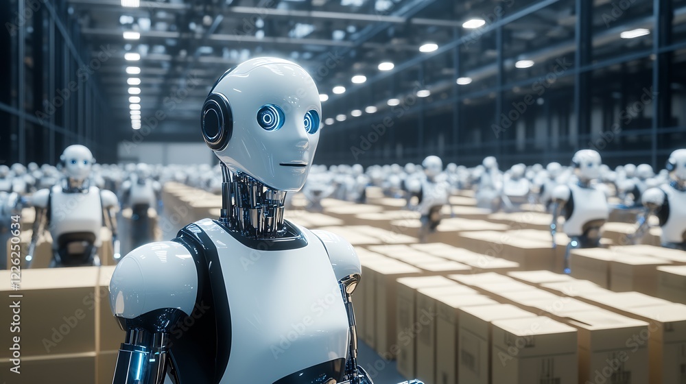 Fototapete futuristic warehouse with humanoid robots demonstrating efficient automated logistics and technology