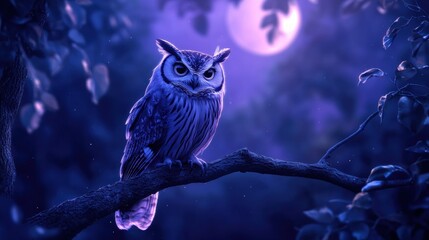 Majestic owl perched under a glowing moonlight