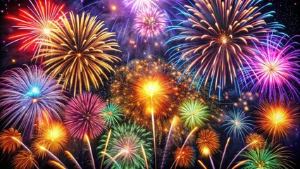 Fototapeta premium Night Fireworks Spark Animation, 4K Alpha Channel, Dynamic Light Trails, Festive Pyrotechnics, Exploding Firework Display