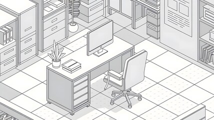 A line art isometric illustration of a modern office space.