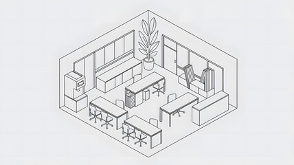 A line art isometric illustration of a modern office space. There are desks, chairs, and a plant.