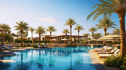 Fototapeta premium Luxurious Desert Resort Poolside Oasis with Palm Trees, Lounge Chairs, and Tranquil Blue Skies