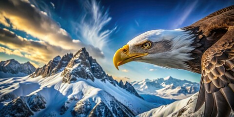 Majestic Bald Eagle Soaring Above Snow-Capped Mountains - Macro Photography