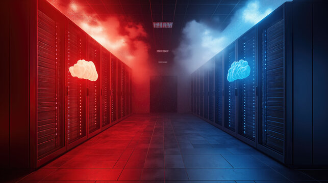Cloud computing concept with red and blue elements in a modern data center
