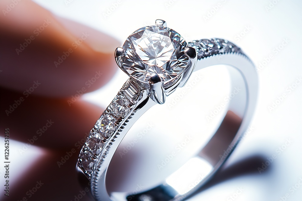 Poster close-up of elegant diamond ring with prong setting on white background for luxury jewelry showcase 