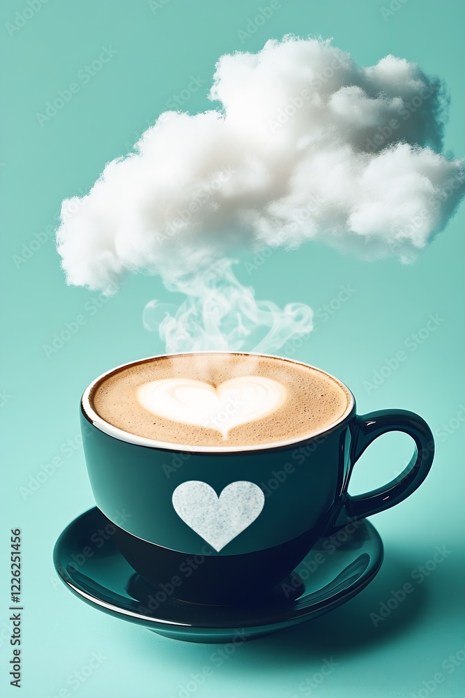 Poster Heart Latte Art Coffee Mug with Floating Cloud and Dreamy Aqua Atmosphere : Generative AI