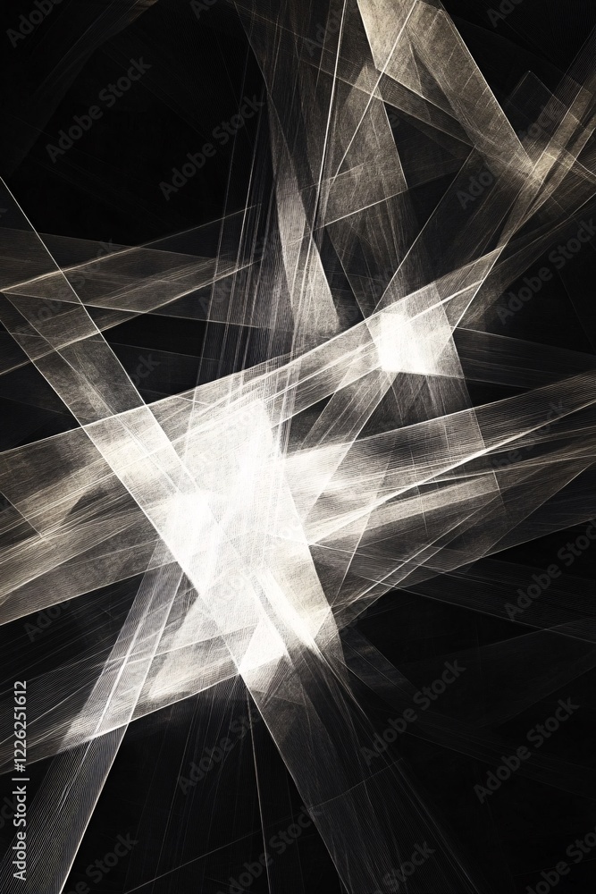 Poster light beams intersect to form vibrant shapes against a black backdrop
