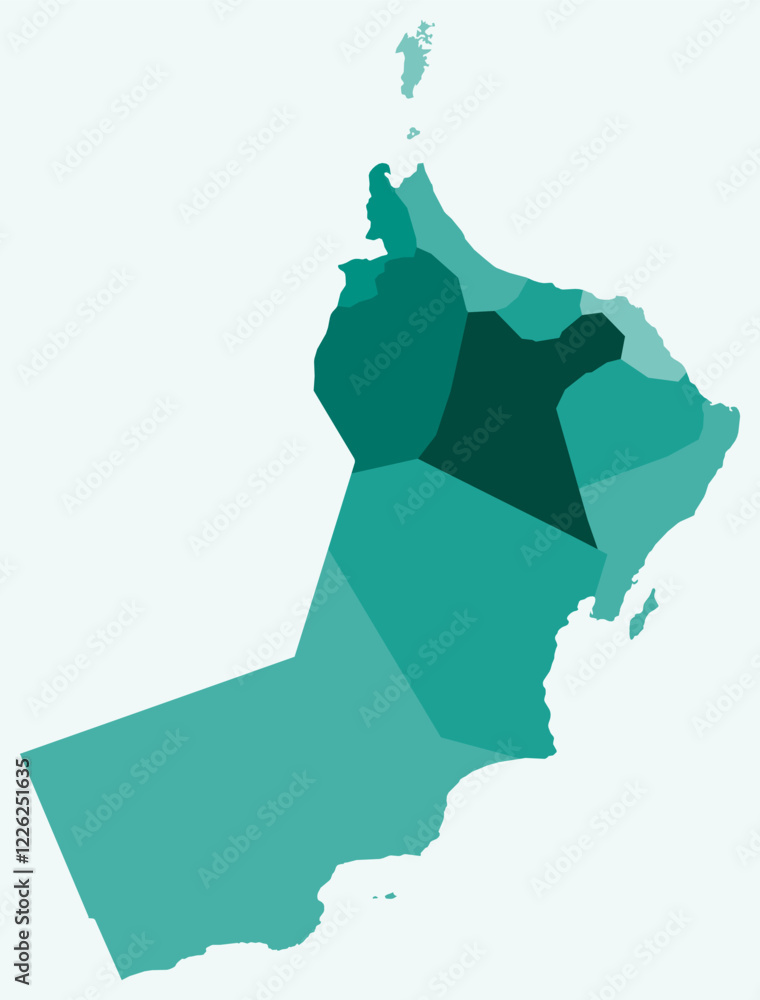 Poster map of oman with regions. just a simple country border map with region division. teal color palette.