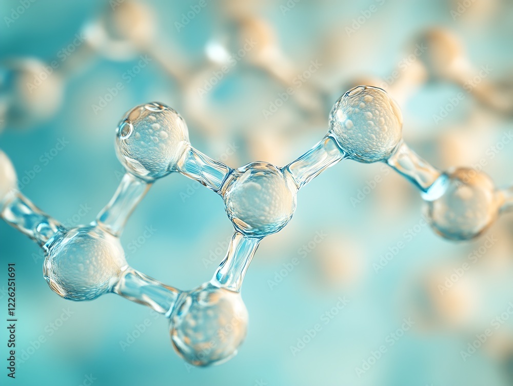 Poster crystal clear molecule formation with connected atoms on blue backdrop : generative ai