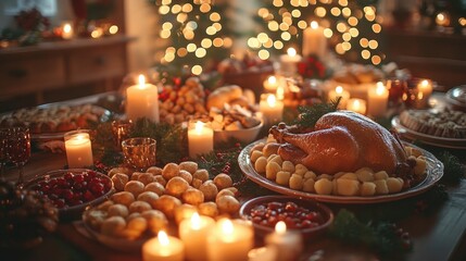 Festive holiday feast with roast turkey and candlelit decor