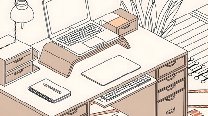 A line art isometric illustration of a desk setup.