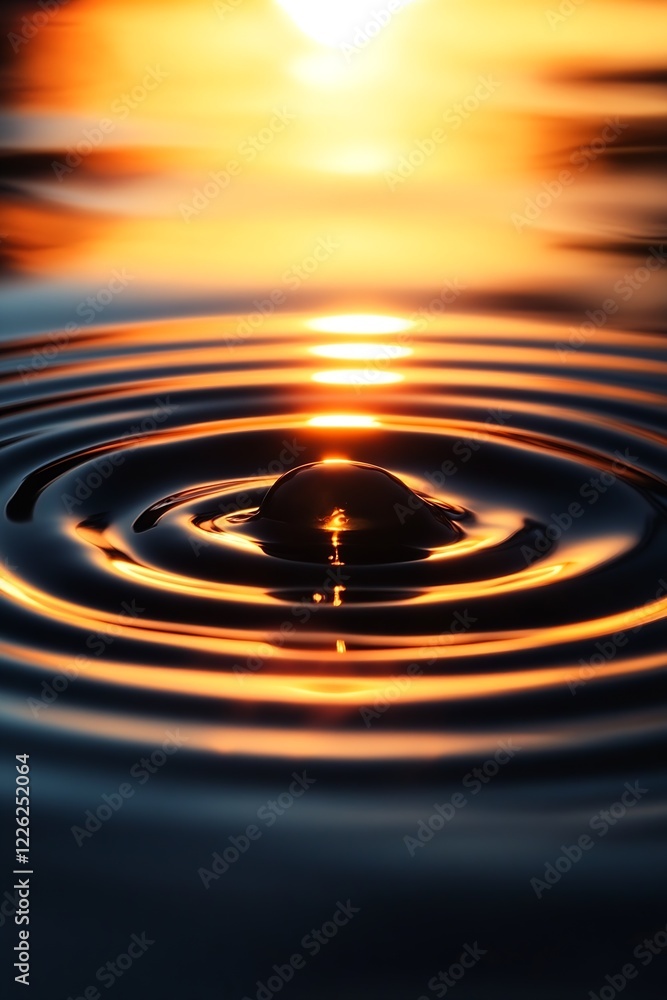 Poster serene ripples at sunset water droplet creating circular waves in golden light : generative ai