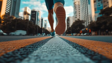 Fototapeta premium Urban Runner: A Low-Angle Perspective of a Person Jogging Through a City Street