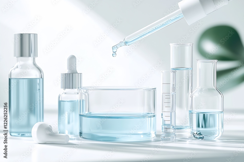 Poster Modern Laboratory Setup with Glassware Featuring Droppers and Solutions in Minimalist Design : Generative AI